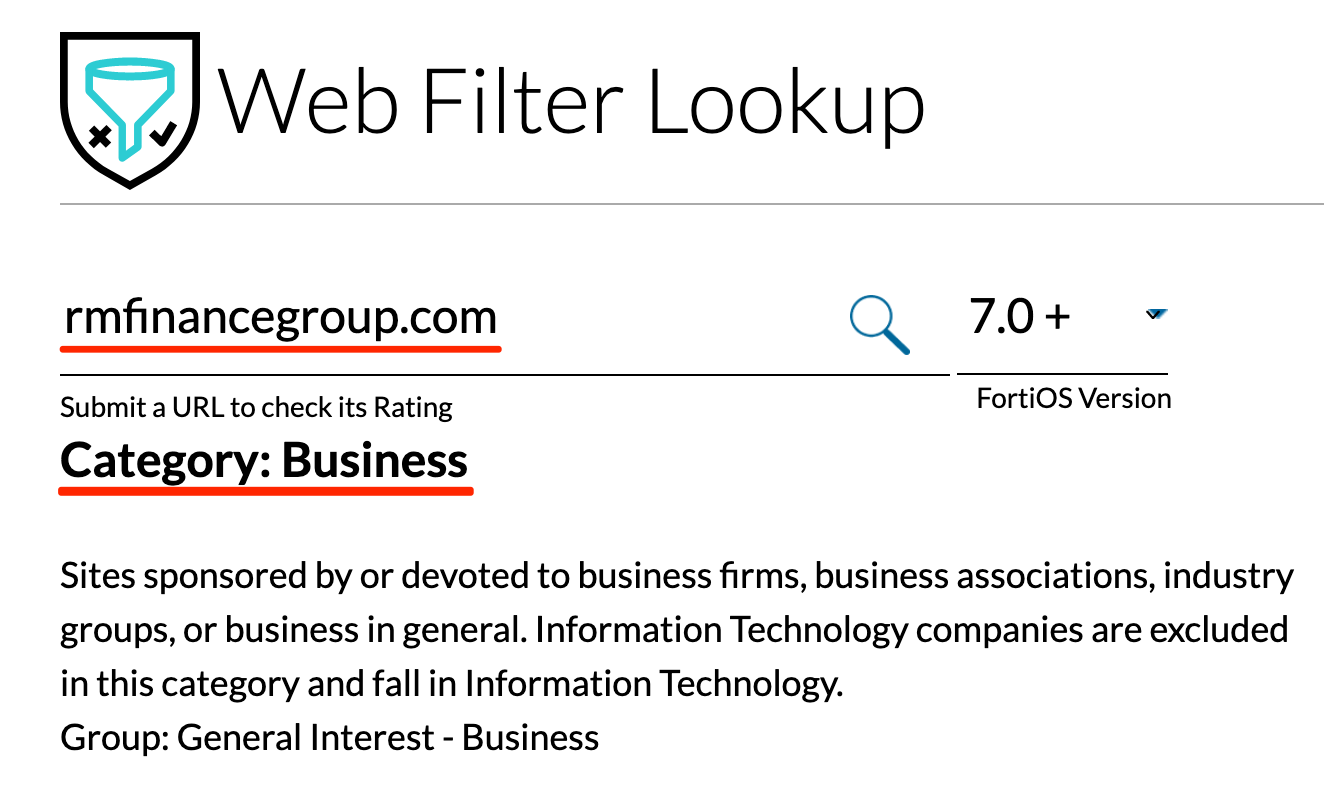 Viewing rmfinancegroup.com's rating in Fortiguard's url filtering list