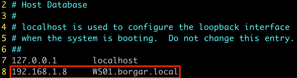 Setting WS01.borgar.local equal to 192.168.1.8 in /etc/hosts