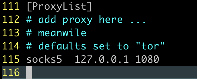 Correct Proxychains configuration: SOCKS5 and port = 1080