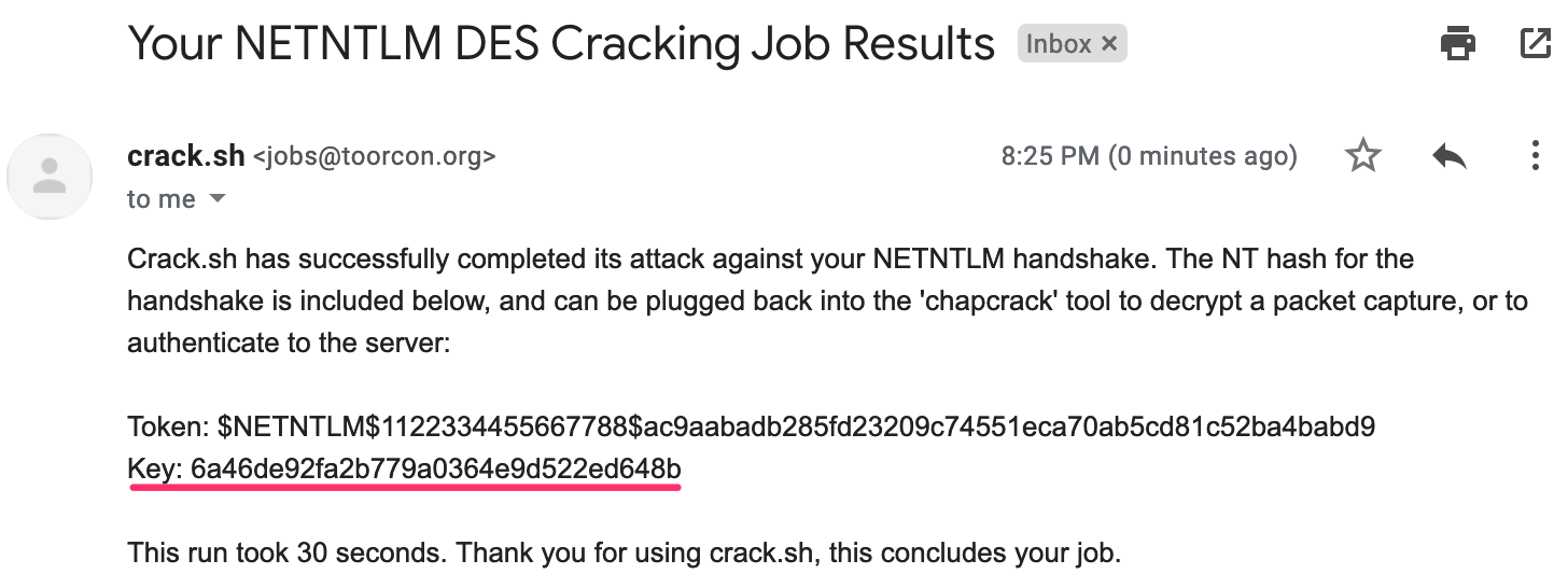 The results email from crack.sh containing kclark's NTLM hash