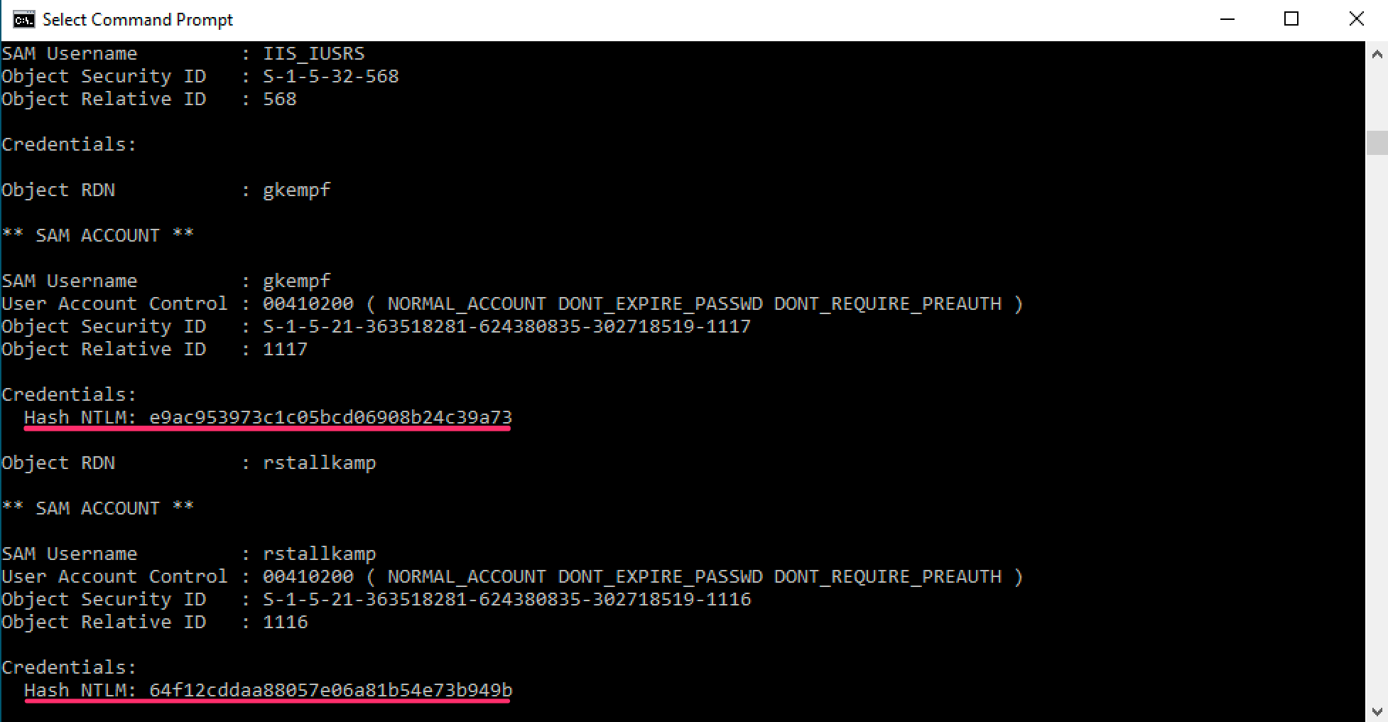 Viewing NTLM password hashes of two Domain users