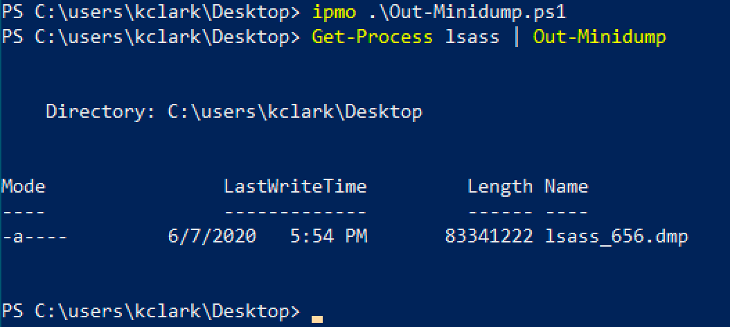 Creating an Lsass minidump using Out-Minidump