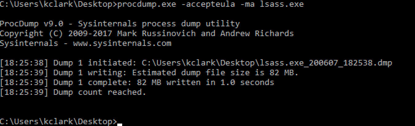 Creating a memory dump with Procdump -- remember to accept the EULA