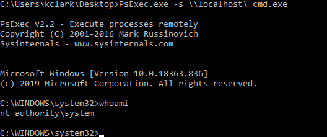 Using the Sysinternals PSExec binary to go from local admin to SYSTEM