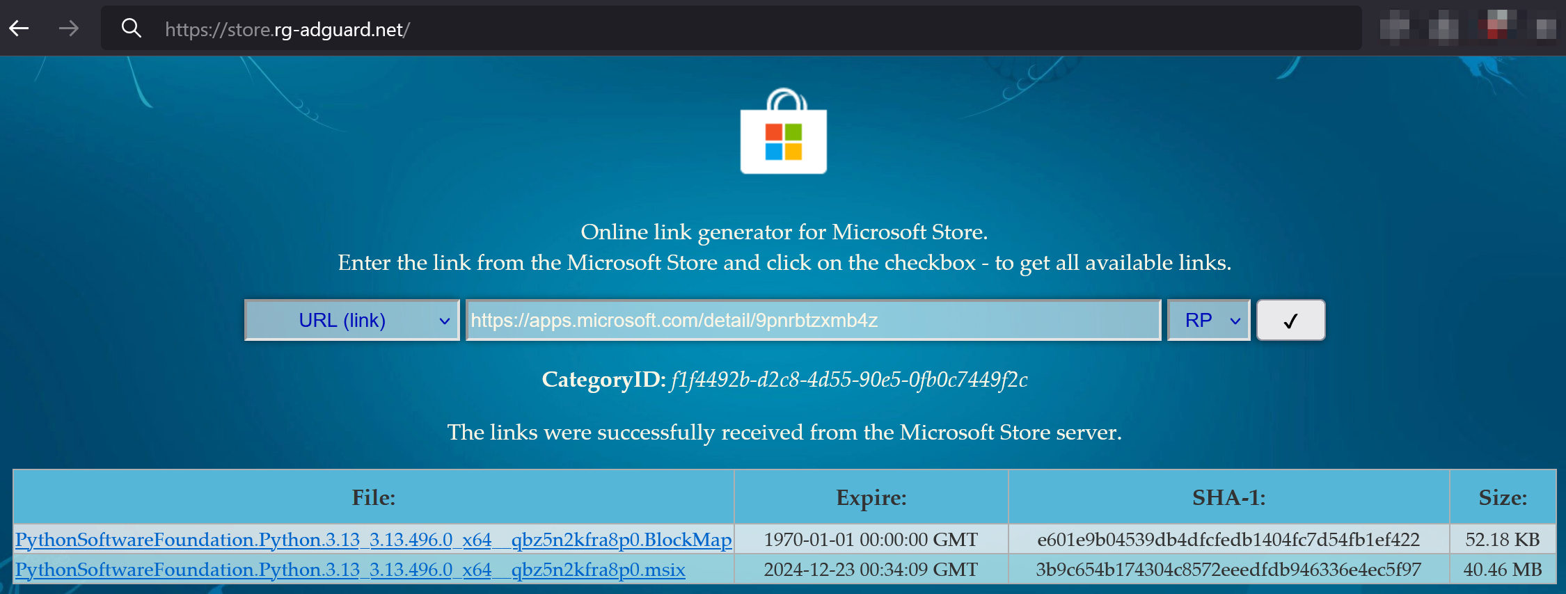 Getting Python MSIX File From rg-adguard.net