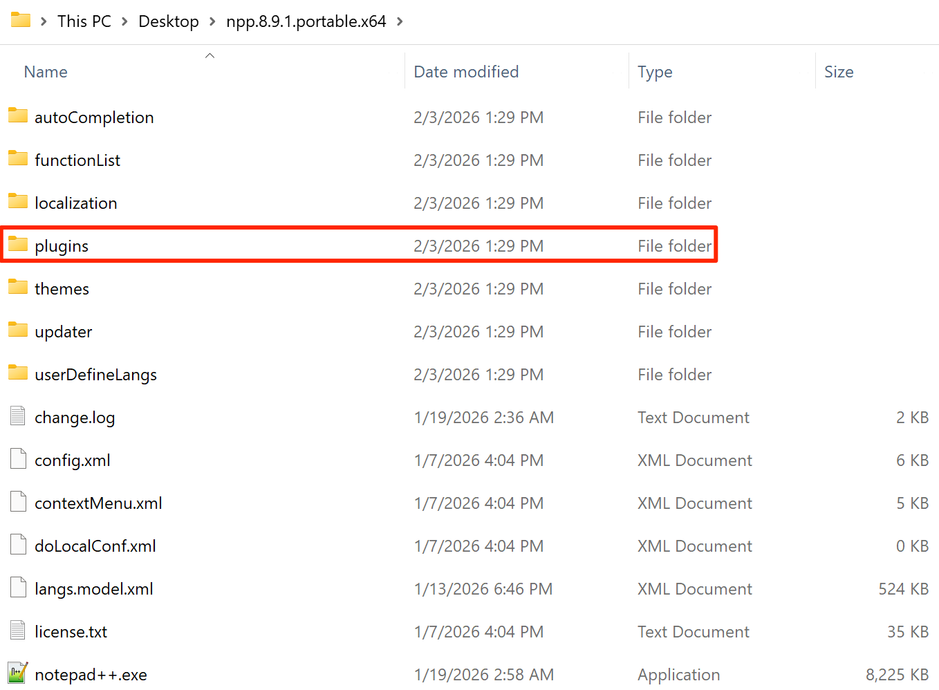 Plugins Folder in Notepad++ Root Directory