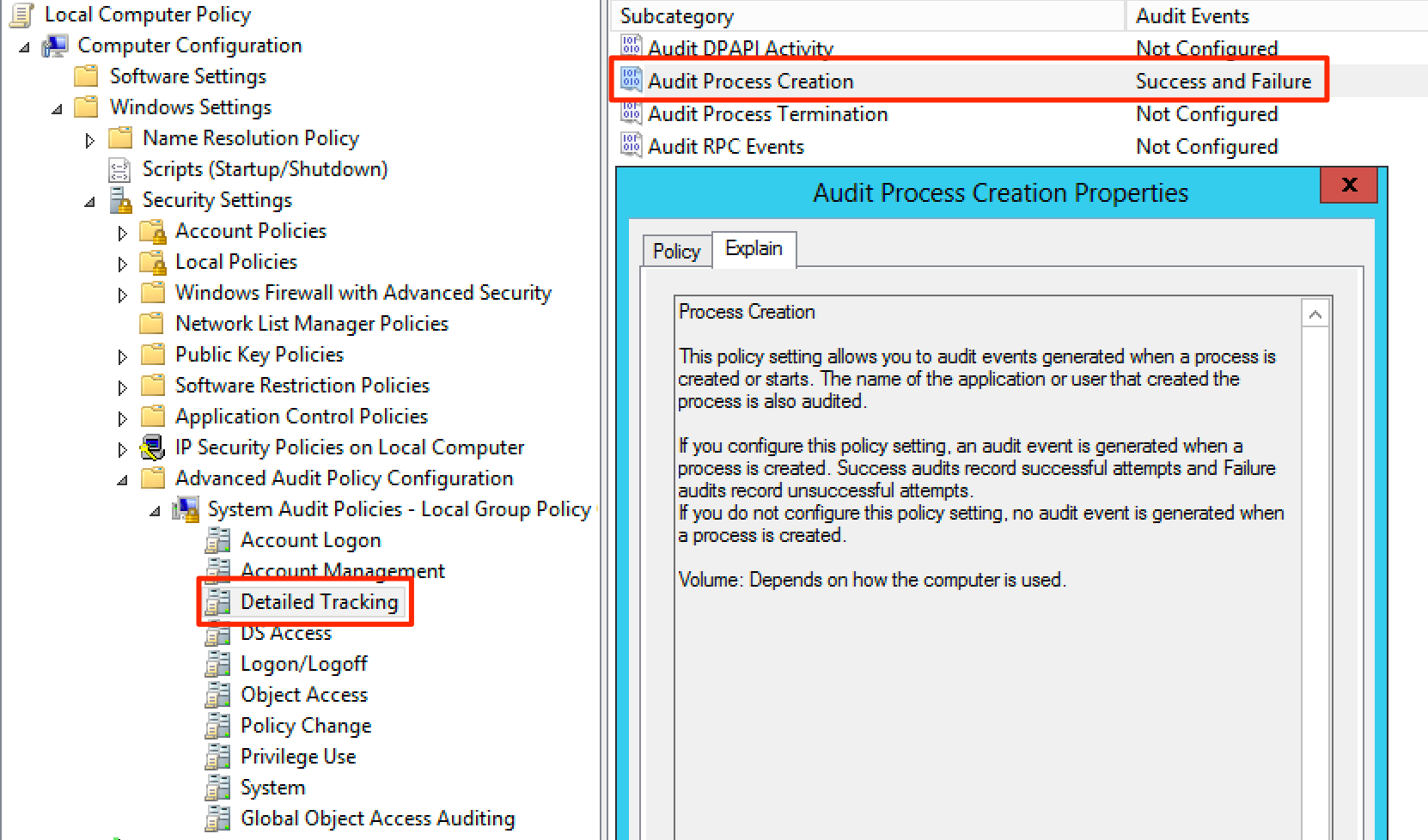 Enabling audits for process creation using gpedit.msc