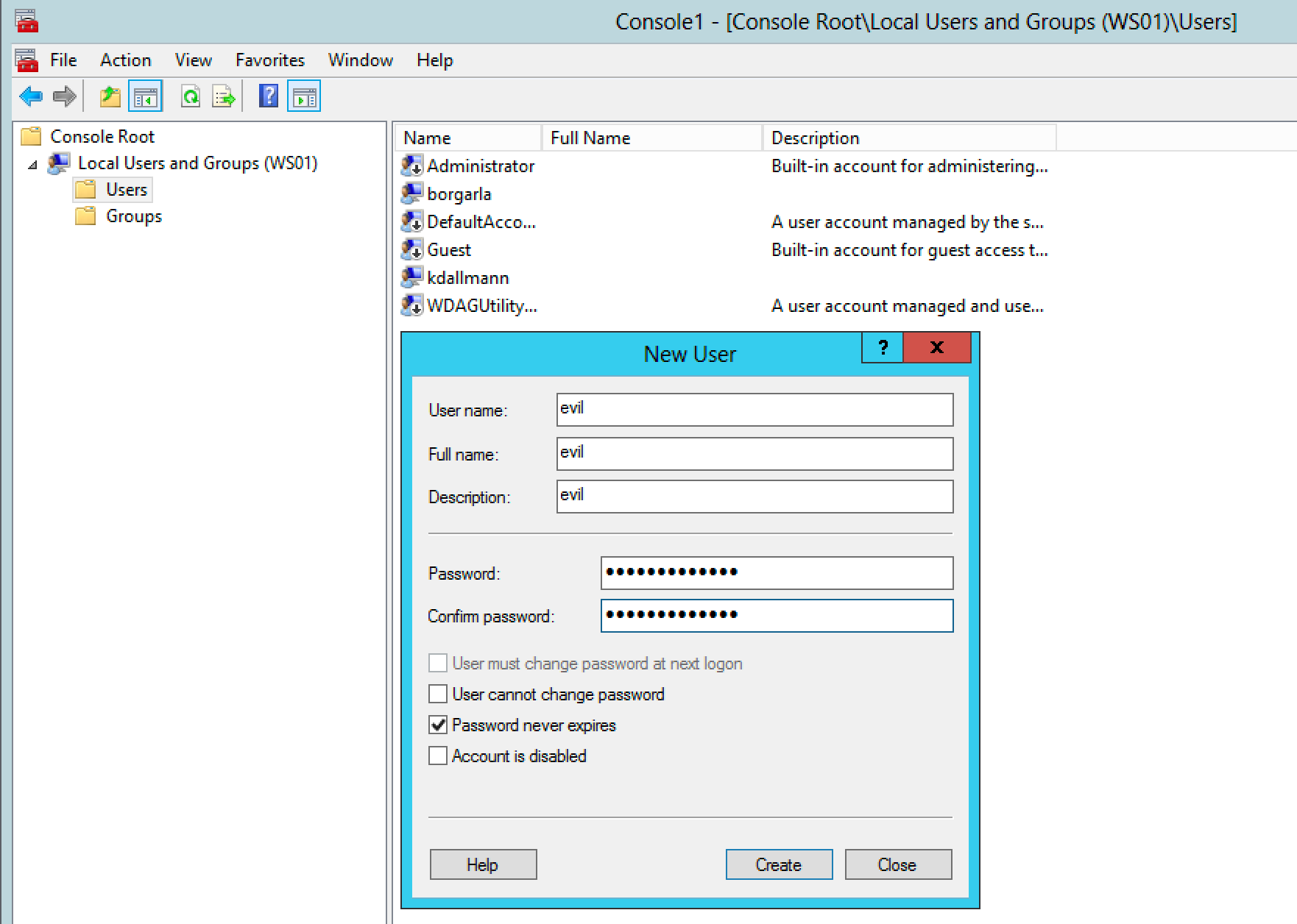 Using mmc.exe to create a new local admin on the remote host