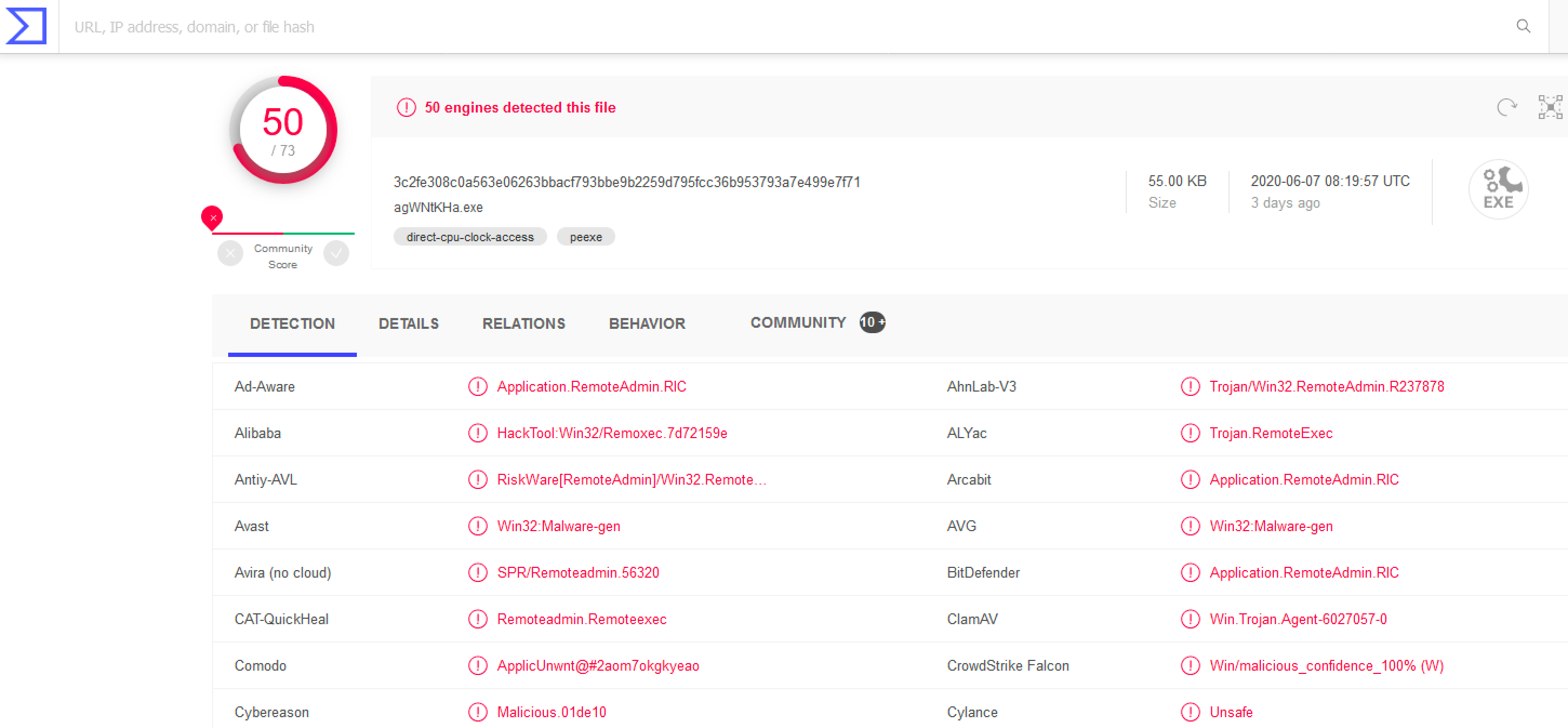 Viewing Virustotal results for the RfCwREED.exe file uploaded by psexec.py