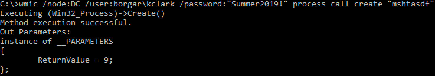 Running a bad command with wmic.exe