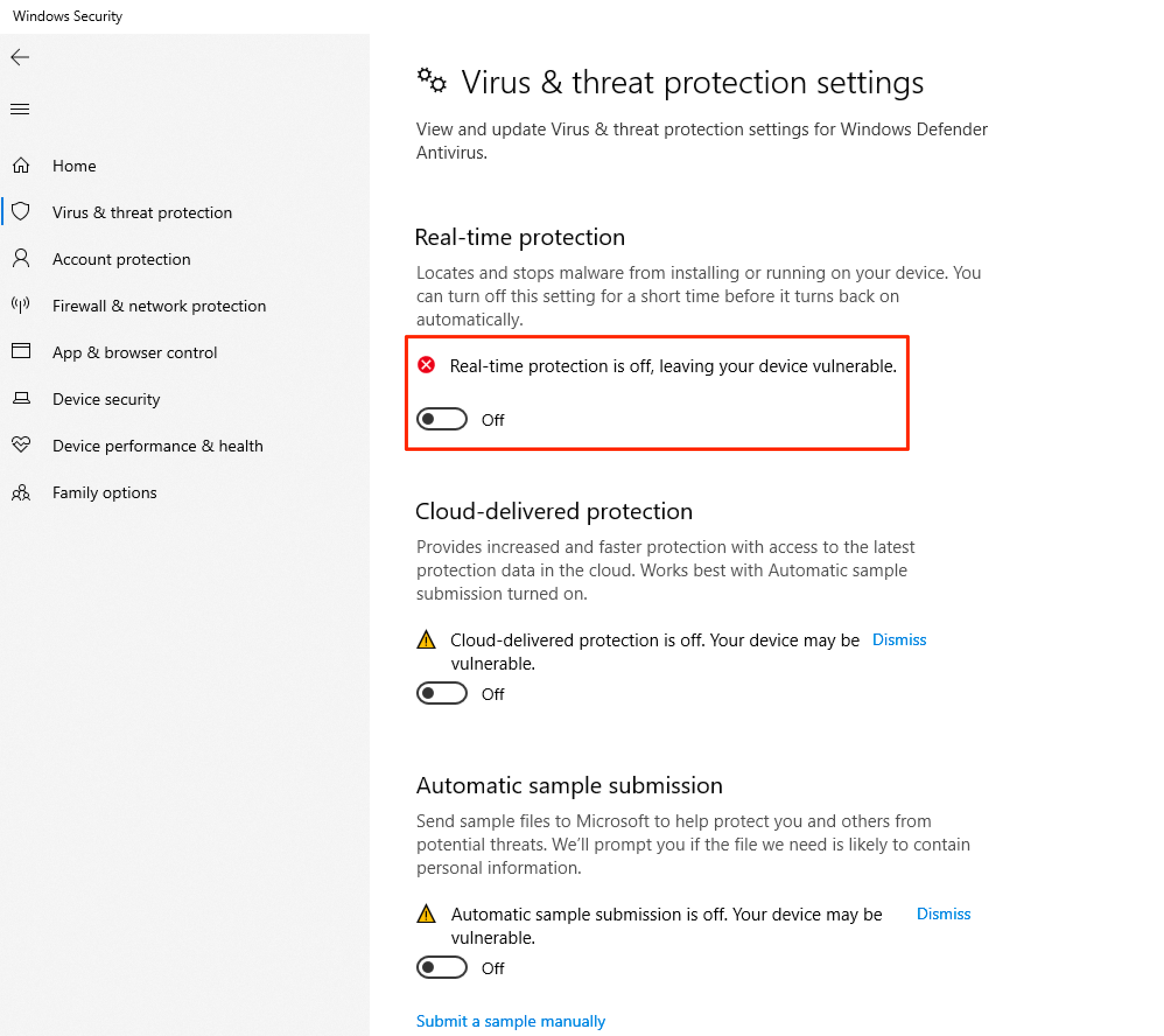 Disabling Windows Defender Real Time Protection