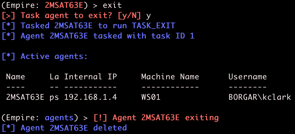 Running `exit` to task the agent to clean itself up and stop running