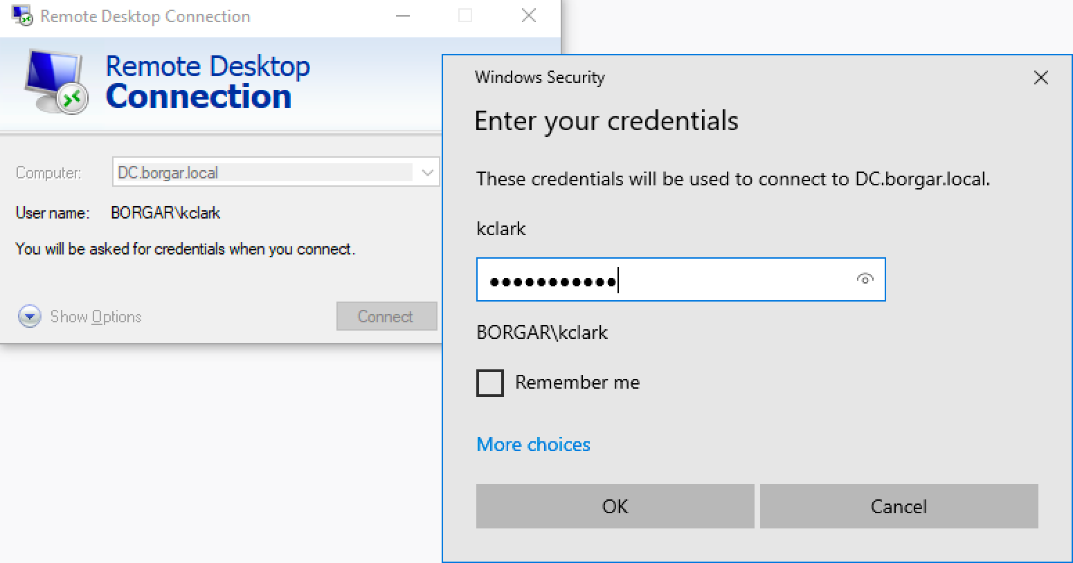 Using kclark's valid username and password to log into the DC via Remote Desktop