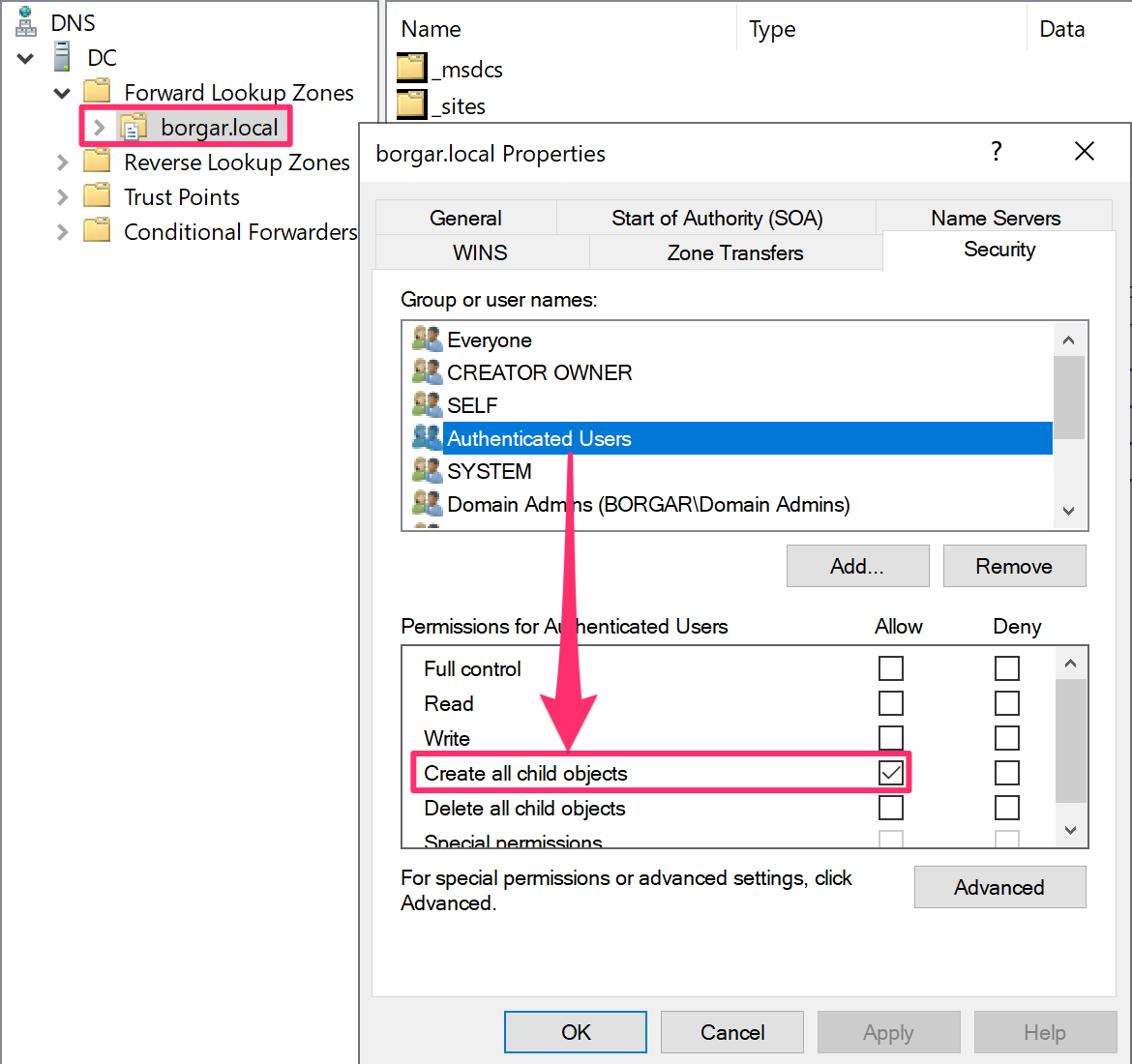 Viewing permissions of the main DNS zone in Windows DNS Server