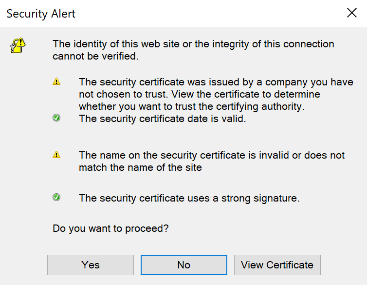 Certificate warning on the Windows client from associated MitM activity