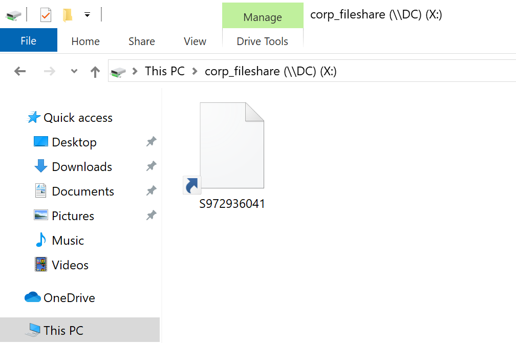 Opening corp_fileshare and looking at the newly created shortcut file