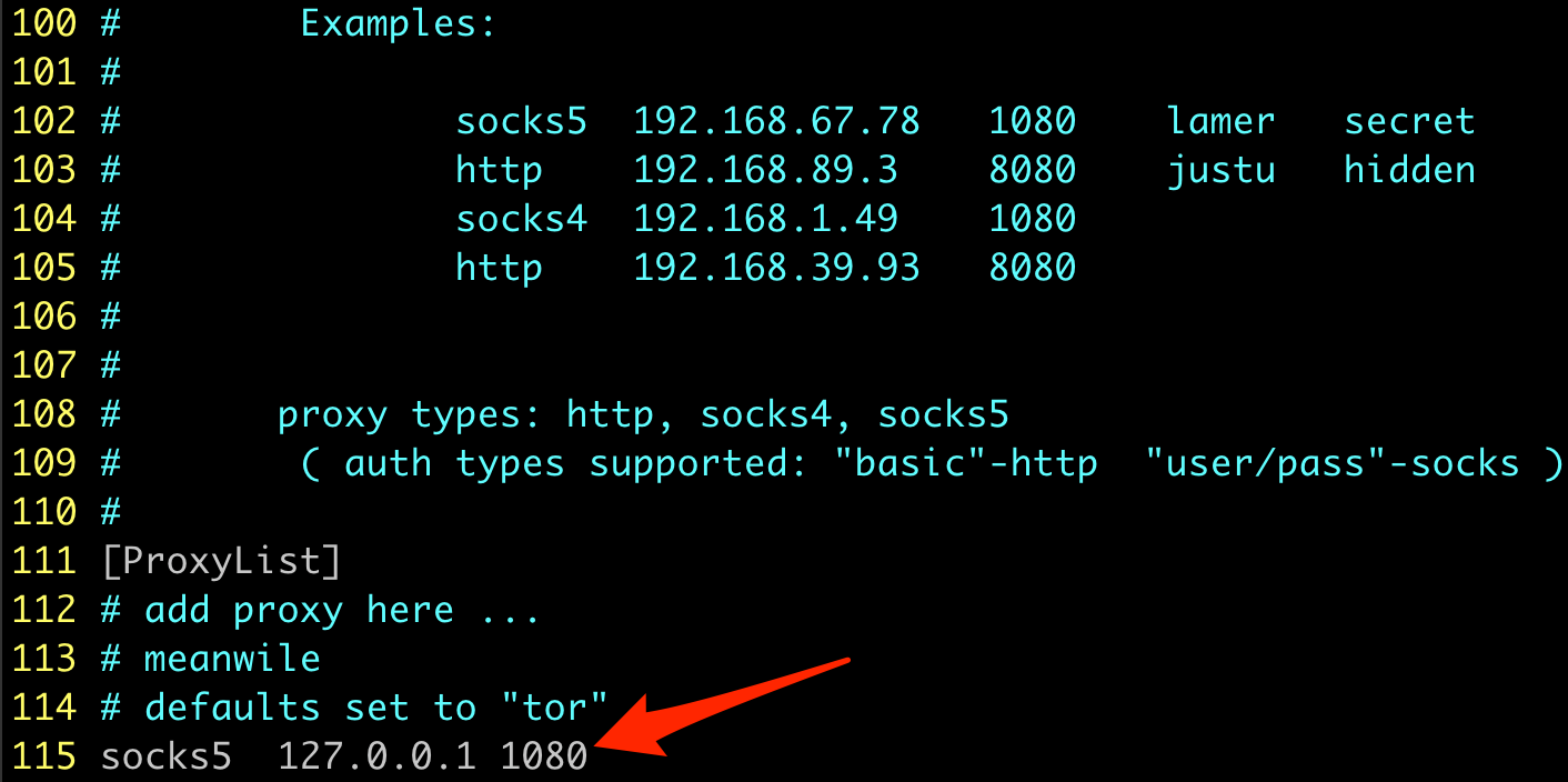 Make sure you have `socks5 127.0.0.1 1080` at the bottom of your proxychains.conf file