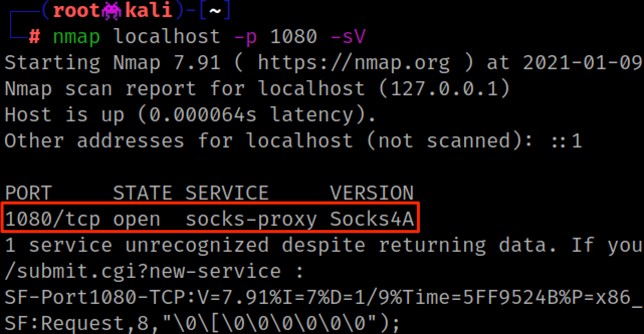 Using Nmap to test that our SOCKS server is listening for connections