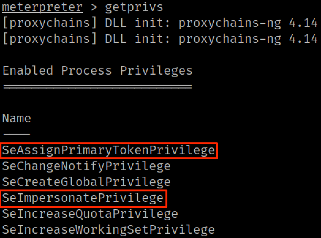 Using getprivs - We have the required privileges to privesc to SYSTEM