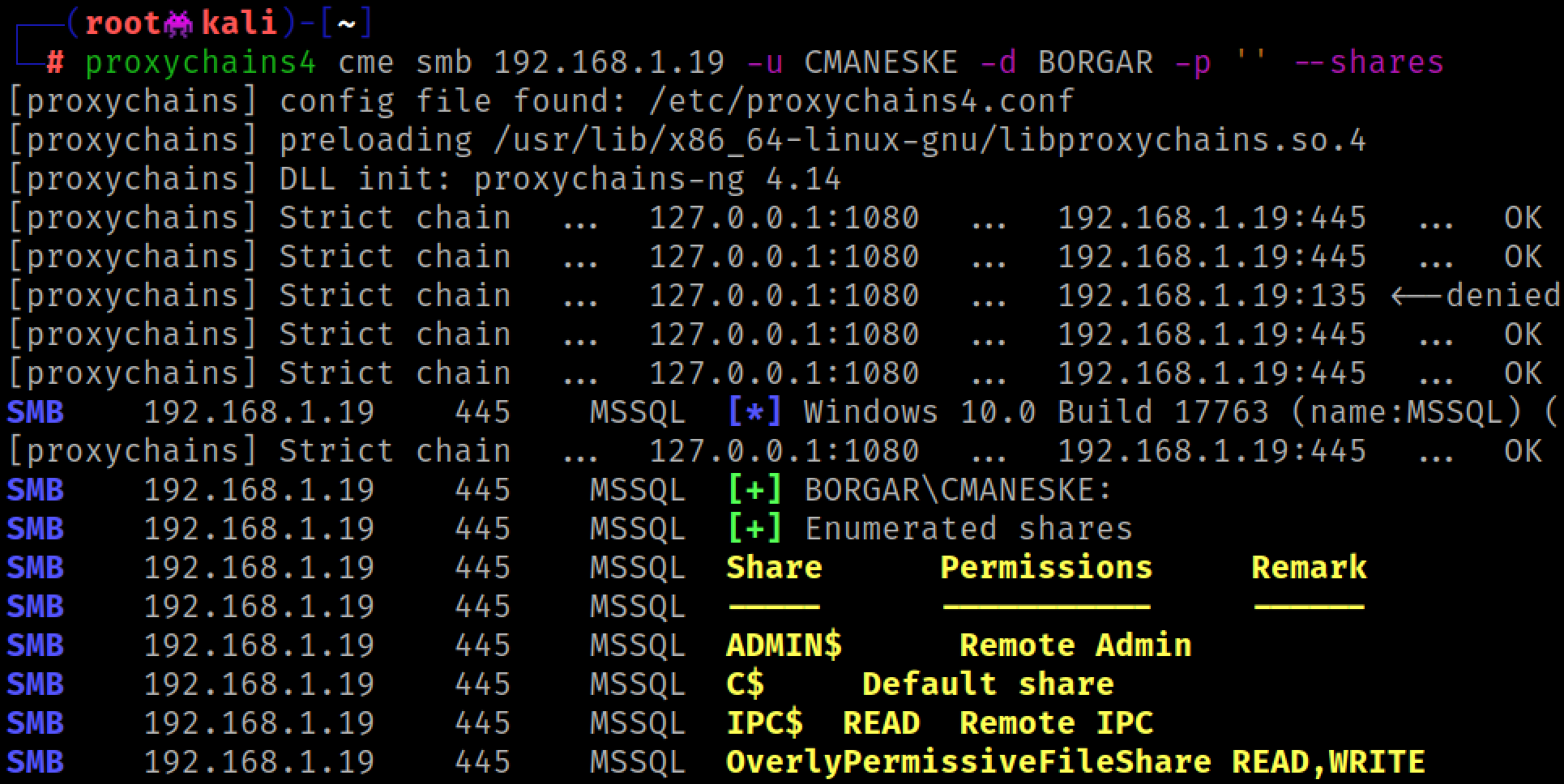 Using CrackMapExec to view shares on the victim relay host with our unprivileged user